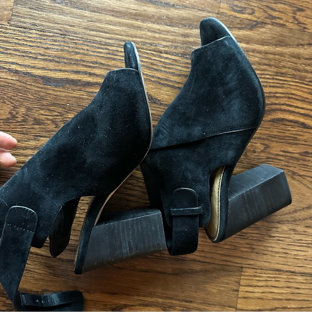 Black Suede Peep Toe Heeled Booties - Picture 14 of 16